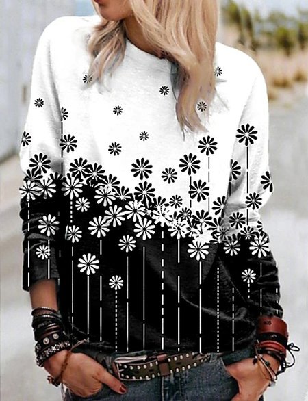 

Floral Crew Neck Cotton Blends Loosen Sweatshirt, Black-white, Sweatshirts & Hoodies