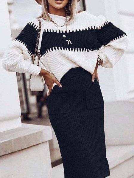 

Stripped Casual Loosen Sweater Skirt Suits, Black-white, Two-piece Outfits