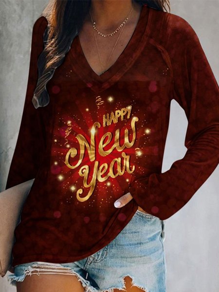 

Happy New Year Printed V Neck Long Sleeve T-shirts, Red, T-Shirts