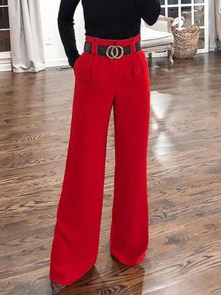 

Plain Regular Fit Elegant Long Daily Pants, Red, Wide Leg Pants
