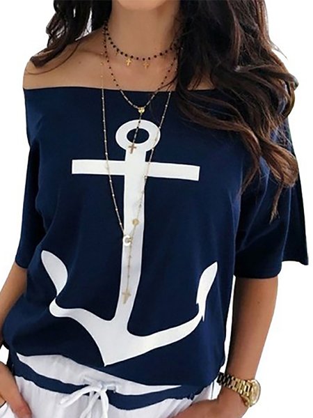 

Printed Casual Boat Neck Half Sleeve Tops, Blue, Tops