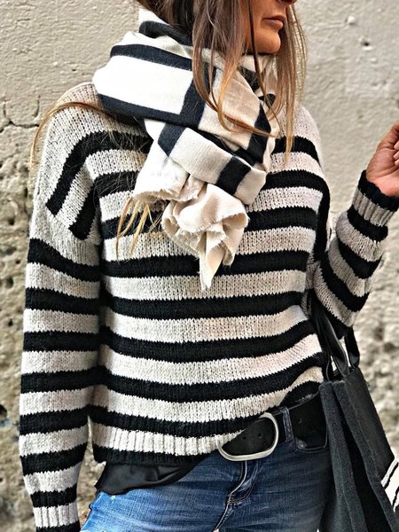 

Casual Striped Crew Neck Loosen Long Sleeve Sweater, As picture, Knitwear & Sweaters