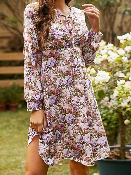 

Loosen Printed V Neck Dresses, Purple, Floral Dresses