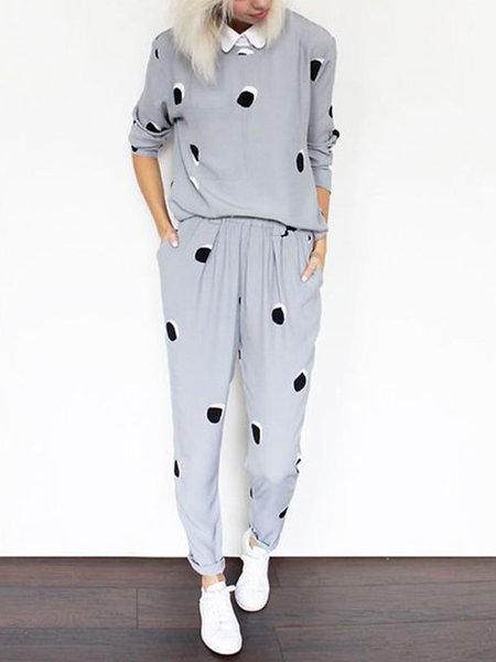 

Casual Crew Neck Polka Dots Suit, Gray, Two-piece Set