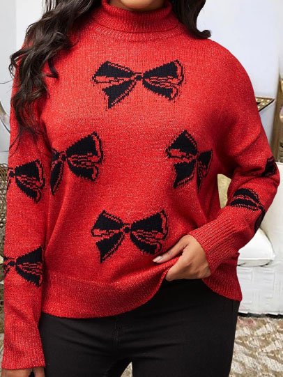

Bowknot Sweet Long Sleeve Crew Neck Sweater, Red, Sweaters