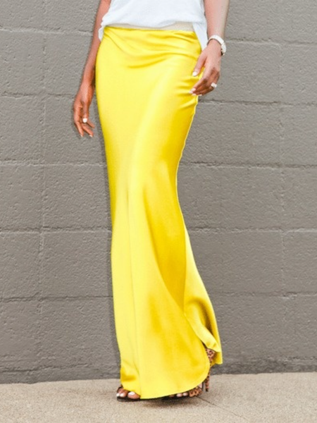 

Spring Regular Fit Satin Plain Household Daily Lightweight Skirts, Yellow, Skirts
