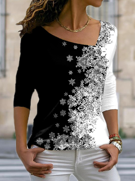 

Floral Casual Asymmetrical Neck Shirts & Tops, Black-white, Long sleeve tops