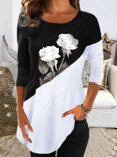 

Crew Neck Color Block Casual Shirts & Tops, Black-white, Long sleeve tops