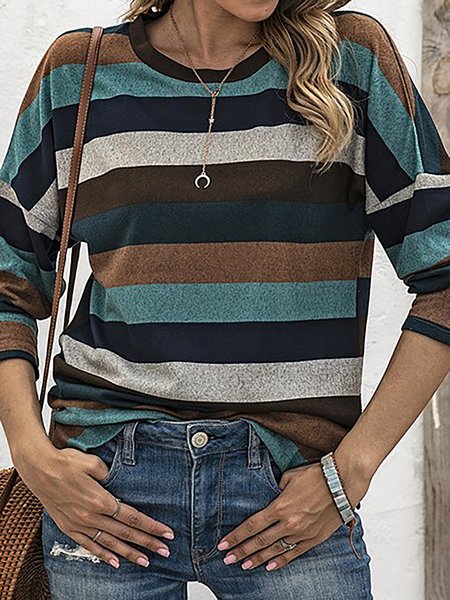 

Striped Round Neck Raglan Sleeve Casual Vacation T-Shirts & Tops, Multicolor, Long sleeve tops