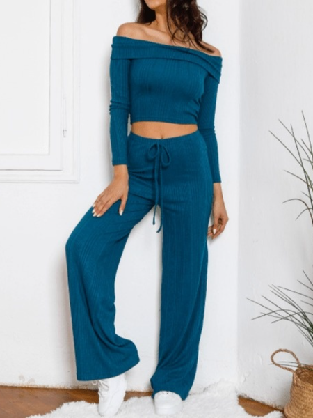 

Spring Boat Neck Plain Skinny High Stretch Top With Pants Suits, As picture, Two-piece Set