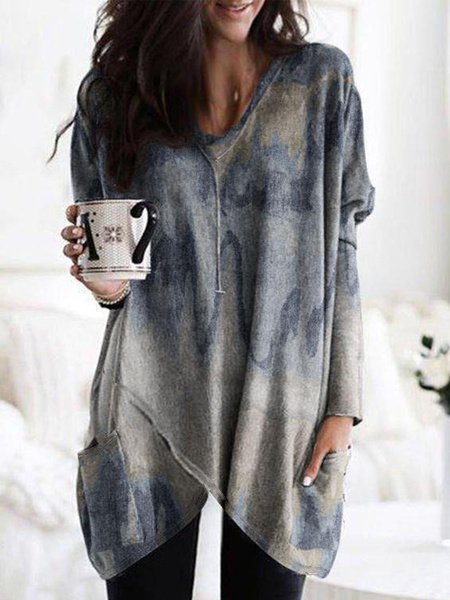 

Vintage Geometric Printed Long Sleeves V Neck Pockets Plus Size Casual Tops, Multicolor, T-Shirts