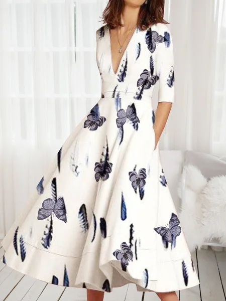

Butterfly V Neck Dresses, White-blue, Casual Dresses