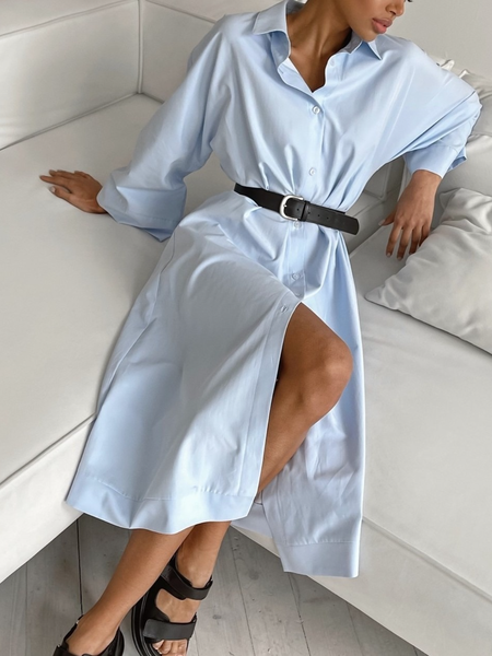 

Spring A-line Loosen Simple Shirt Collar Daily Household Dresses, Blue, Midi Skirts