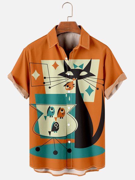 

Geometric Cat Casual Shirt, Orange, Men's Floral shirt