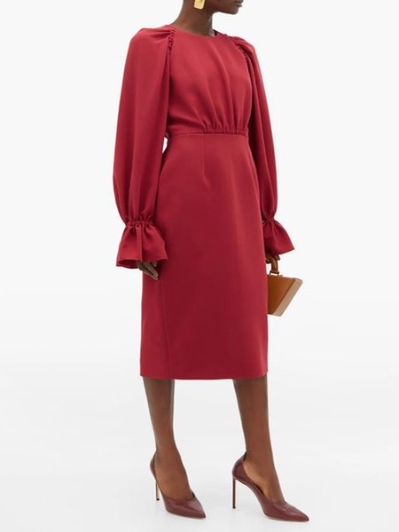 

Party,Wedding,Holiday Elegant Round Neck Frill Sleeve Dress, Red, Midi Skirts