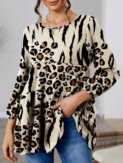

Leopard Loosen Vintage Bishop Sleeve Shirts & Tops, Khaki, Tunics