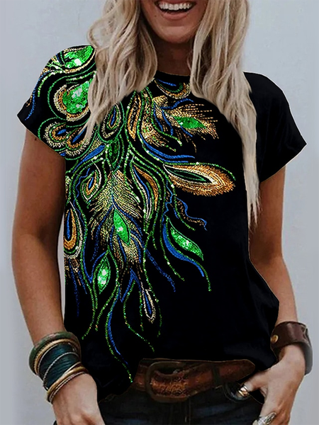 

Crew Neck Short Sleeve Feather Casual Shirts & Tops, Black, T-Shirts