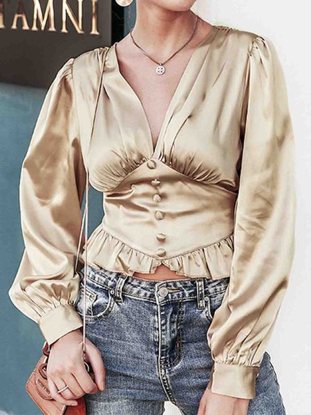 

Elegant V neck Regular Fit Solid Top, As picture, Blouses and Shirts