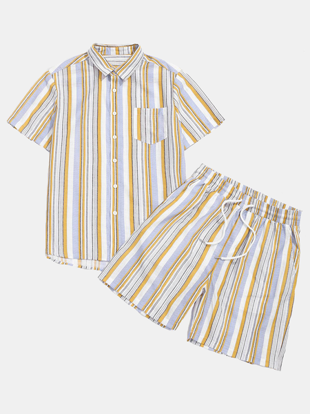 

Striped Short Sleeve Pockets Suits, Yellow, Men's sets