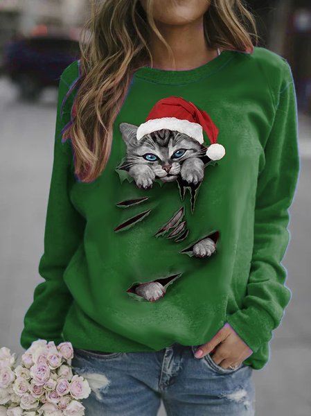 

Christmas Cat Santa Casual Sweatshirt, Green, Hoodies&Sweatshirts