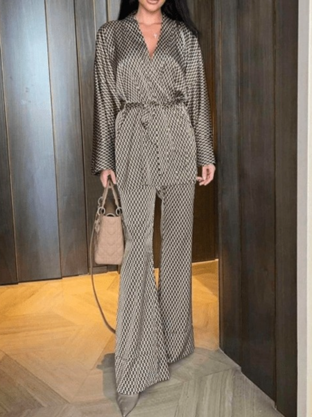 

Spring V neck Geometric Elegant Top With Pants Formal Household Suits, As picture, Two-piece Set