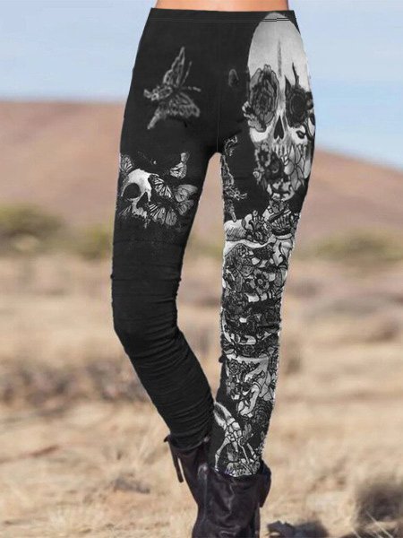 

Regular fit Skull Cotton Blends Pants, Black, Pants