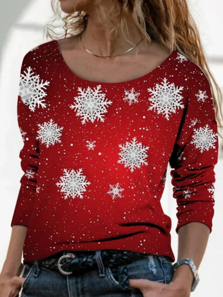 

Long sleeve round neck geometric gradient Snowflake Christmas top t-shirt female, Red, Long sleeve tops