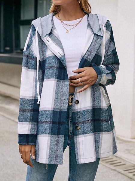 

Plaid Hooded Loose Casual Shirt Jacket Outerwear, Blue, Jackets