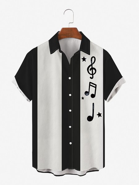 

Mens Music Note Print Casual Breathable Loose Short Sleeve Bowling Shirts, Black, Shirts ＆ Blouse