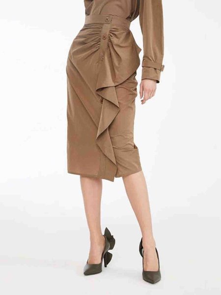 

Elegant Regular Fit Solid Skirt, Khaki, Midi Skirts