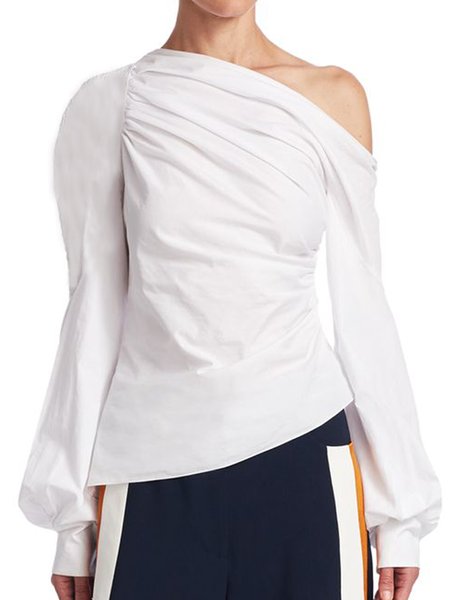 

Vintage Simple Elegant Basics Asymmetrical Neck Top, White, Blouses and Shirts
