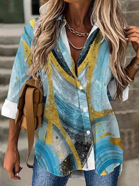 

Shirt Collar Casual Blouse, Blue, Blouses & Shirts