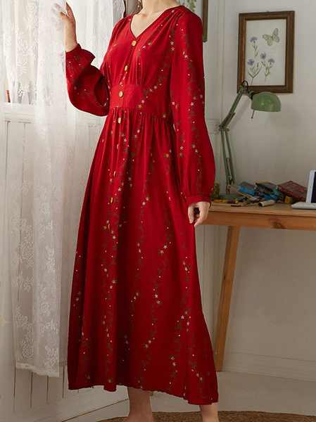 

Printed V Neck Vintage Dresses, Red, Casual Dresses