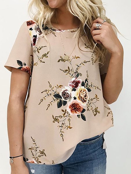 

Casual Florl Printed Short Sleeves T-Shirt T-shirt, Apricot, T-Shirts