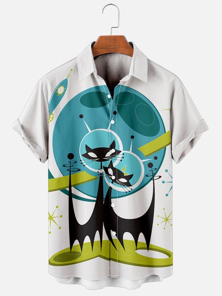 

Geometric Cat Casual Shirt, Green, Men's Floral shirt