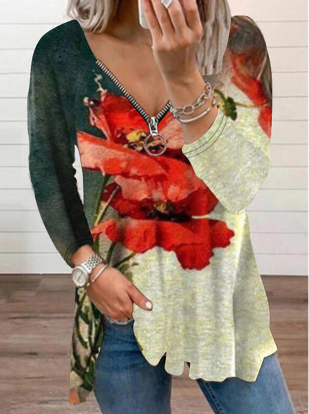 

Color Block Floral Print V-Neck Long Sleeves T-shirts, Red, Long sleeve tops