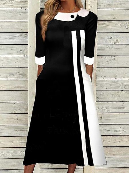 

Color Block Tunic Round Neck Midi A-line Dresses, Black, Casual Dresses