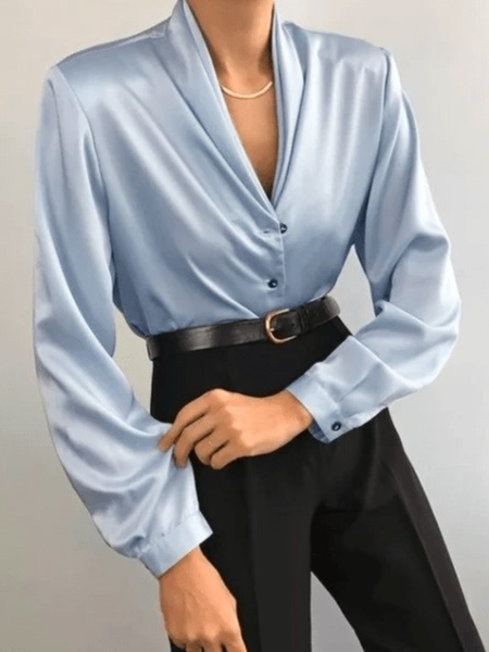 

Spring V neck Satin Work Date Daily Long sleeve Tops, Blue, Blouses and Shirts