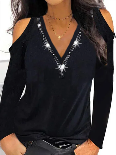

Scollo a V Maniche Lunghe Casuale Top, Nero, T-shirts