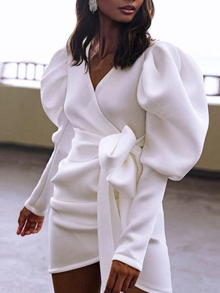 

Vintage,Elegant V Neck Solid Puff Sleeve Dress, White, Midi Skirts