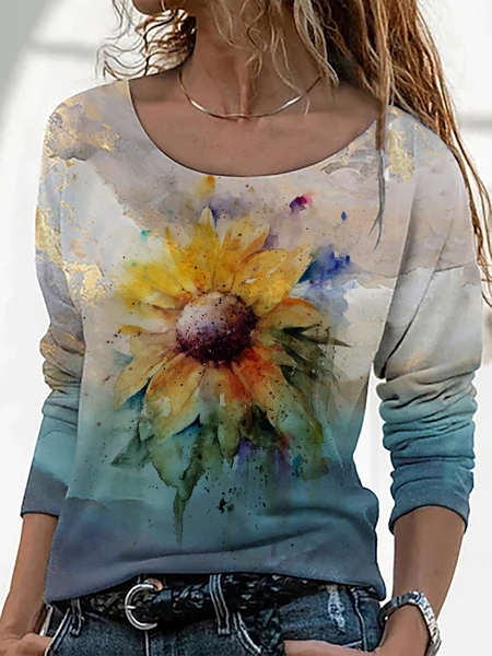 

Floral Print Casual Round Neck Regular Fit T-Shirts & Tops, Blue, Tees & T-shirts