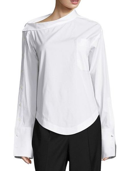 

Vintage Simple Elegant Plain Asymmetrical Neck Top, White, Tops
