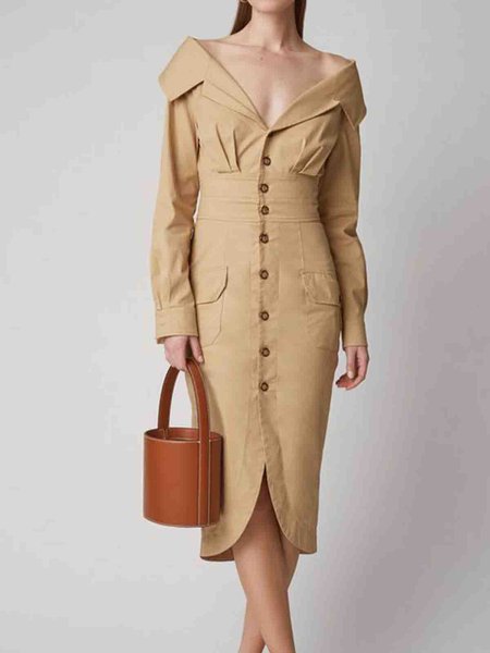 

Elegant Boat Neck Solid Dress, Khaki, Midi Skirts