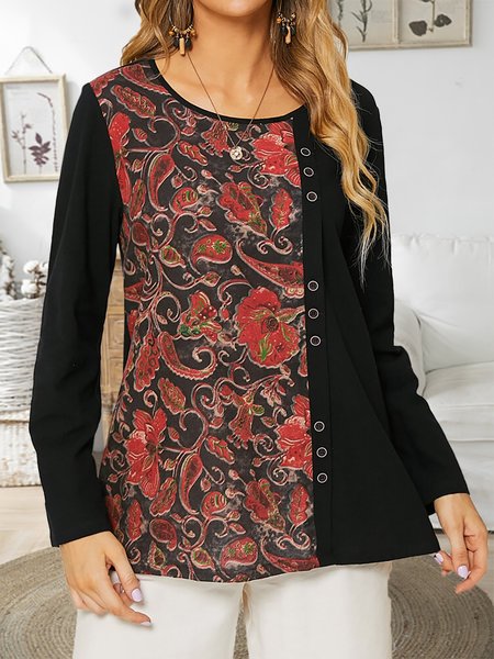 

Floral Print Patchwork Casual Holiday Round Neck T-Shirts & Tops, Black, Long sleeve tops