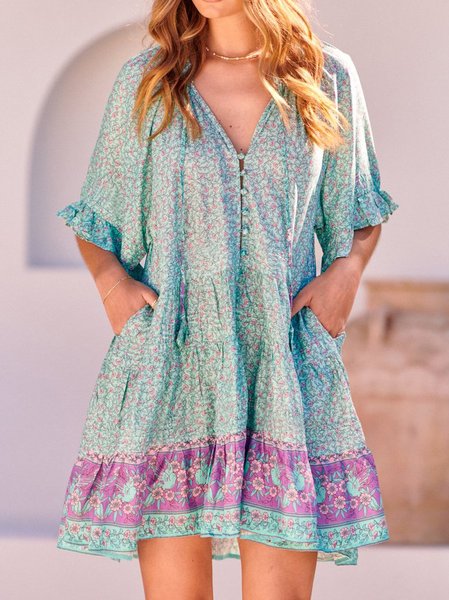 

Casual Vacation Floral Short sleeve Mini Dresses, Mint, Floral Dresses