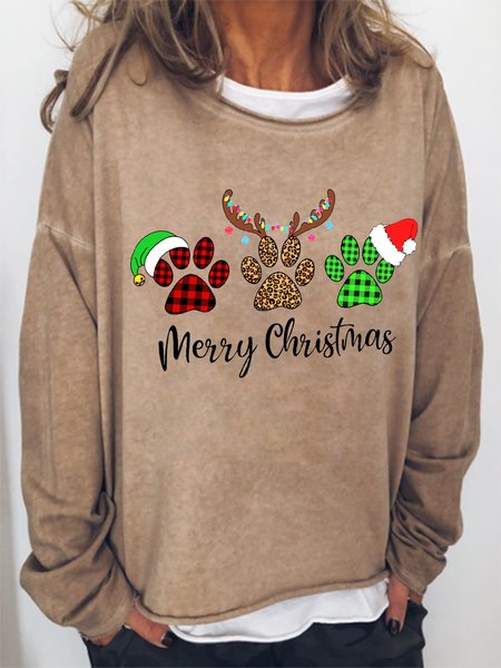 

Christmas print round neck long-sleeved Sweatshirts, Light brown, Hoodies&Sweatshirts