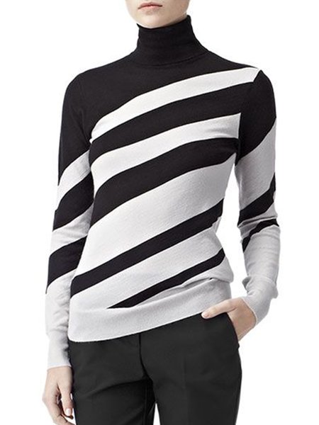 

Long sleeve Vintage Casual Simple Basics Top, Black-white, Blouses and Shirts
