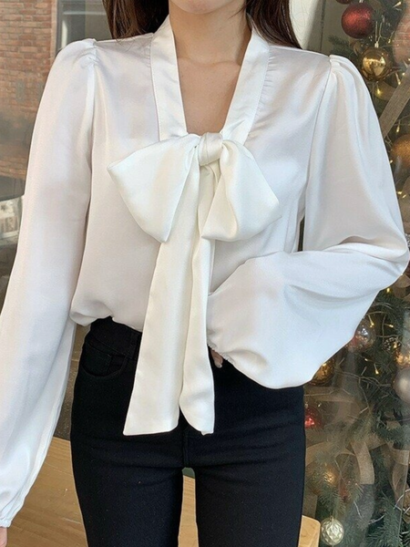 

Summer V neck Long sleeve Satin Date Daily Household Tops, White, Tops