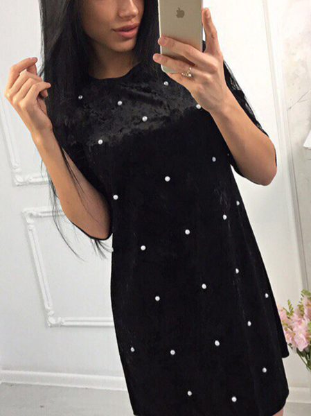 

Velvet pearl banquet base Half Sleeve Elegant Dresses, Black, Mini Dresses