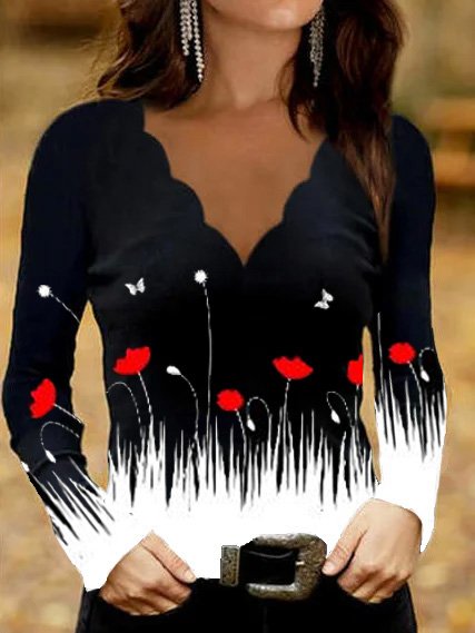 

Floreale Regolare In forma Cotone miscele Top, Nero, T-shirts